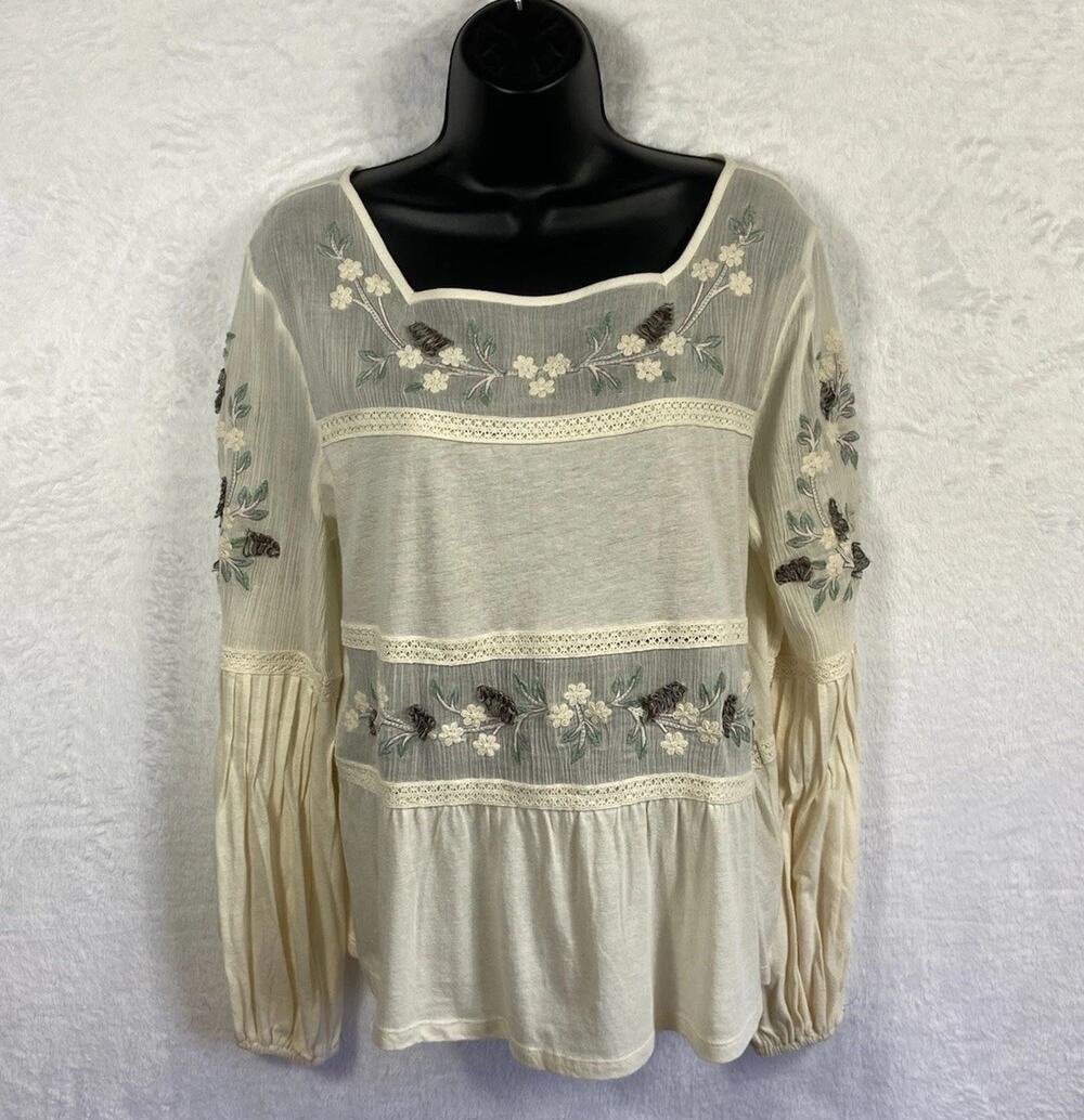 Sundance Embroidered Tunic Top Women’s Cotton Linen Blend Tiered Feminine Small